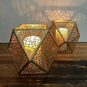 Gold Metal Geometric Polyhedral Decorative Candle Holder 7.75” Tall